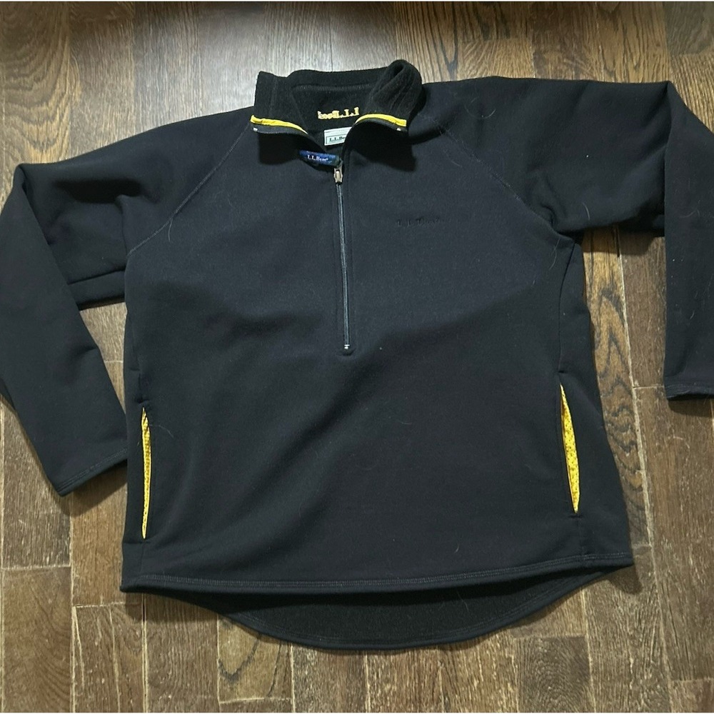 L.L. Bean 1/4 Zip Script Logo Fleece Sweater Adult Medium Black USA 80s Vtg